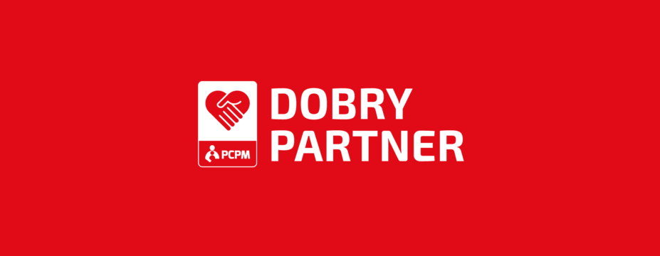 Logo programu "Dobry Partner" na czerwonym tle.